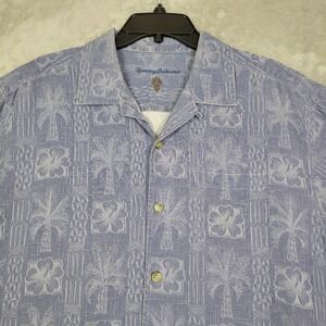 Tommy Bahama 100% Silk Textured Blue Hawaiian Men's Shirt Short‎ Sleeve Medium